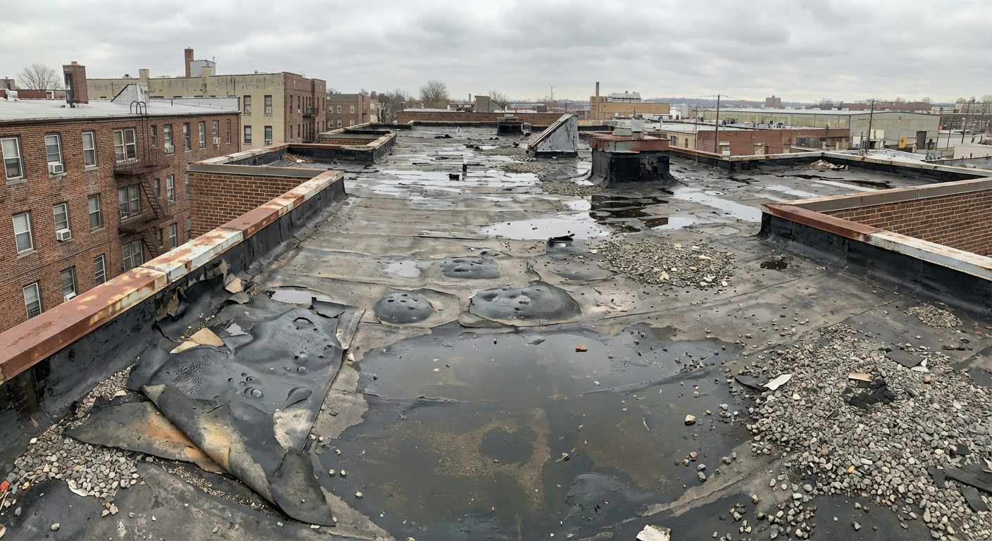 Deteriorated commercial flat roof with cracked EPDM membrane, ponding water, and failing flashings before replacement – NJ