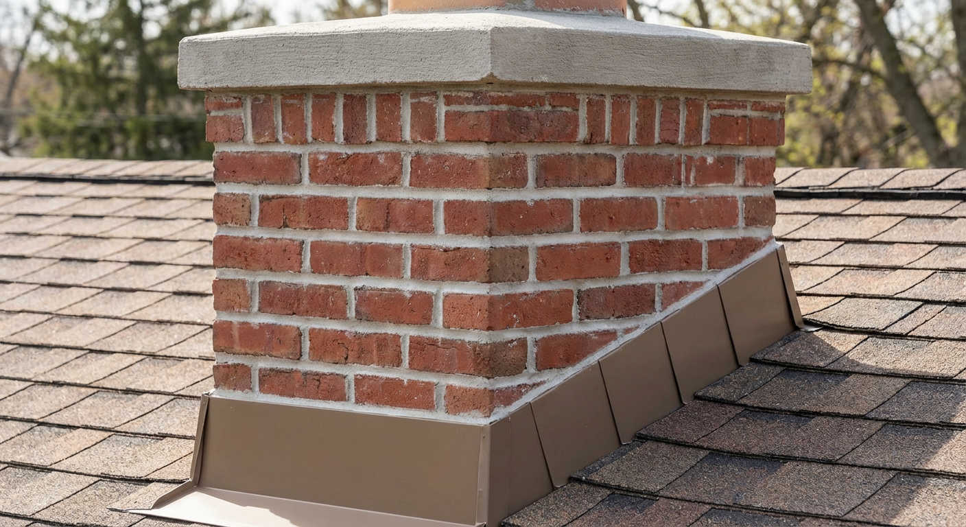 Repaired brick chimney with fresh tuckpointing, new chimney cap, and clean step flashing on NJ home