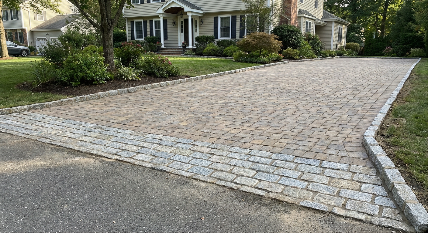 New tumbled paver driveway with granite cobblestone border and clean edging on NJ property