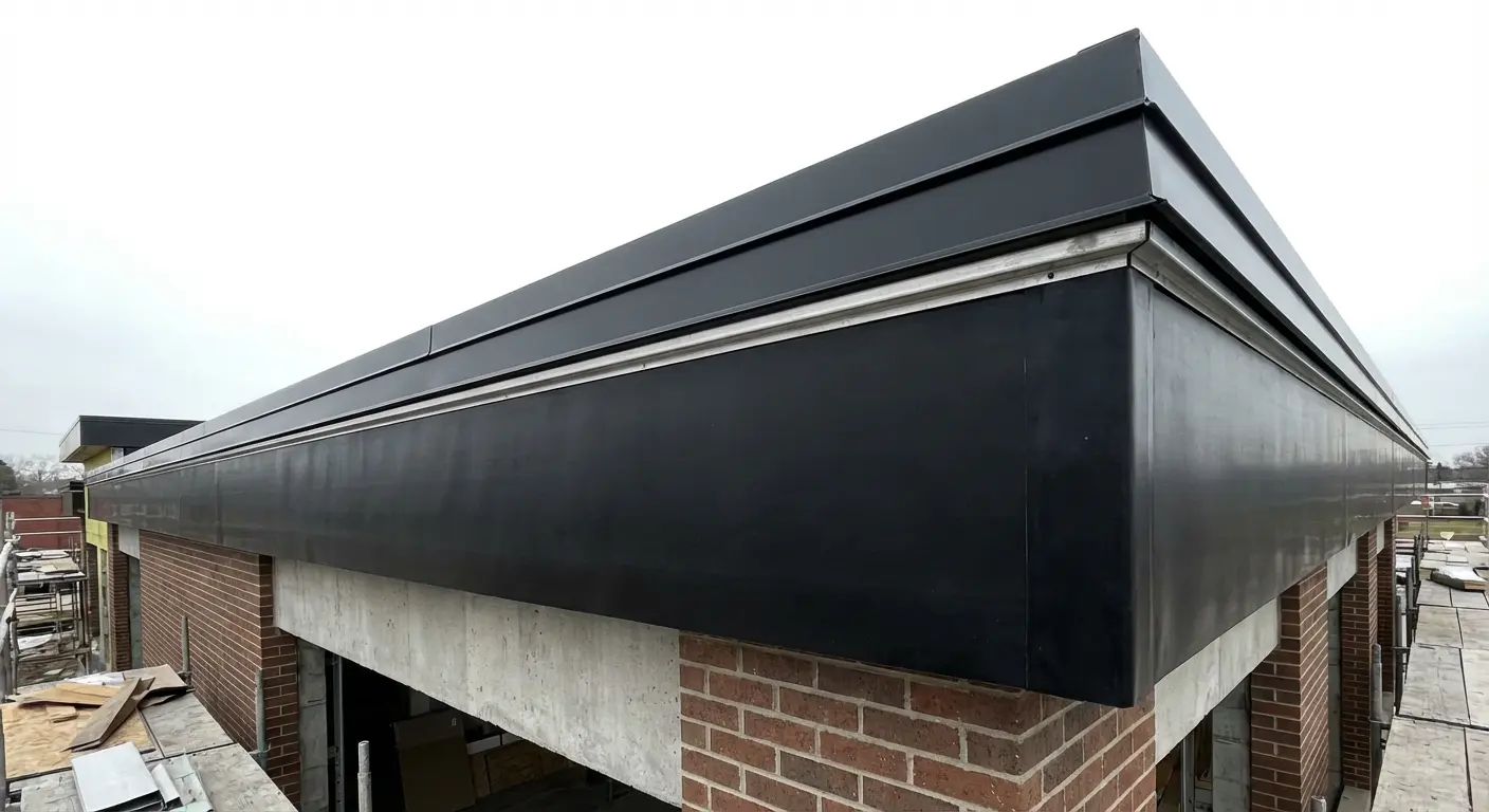 New black EPDM membrane at parapet edge with clean termination bar and metal coping cap on NJ building