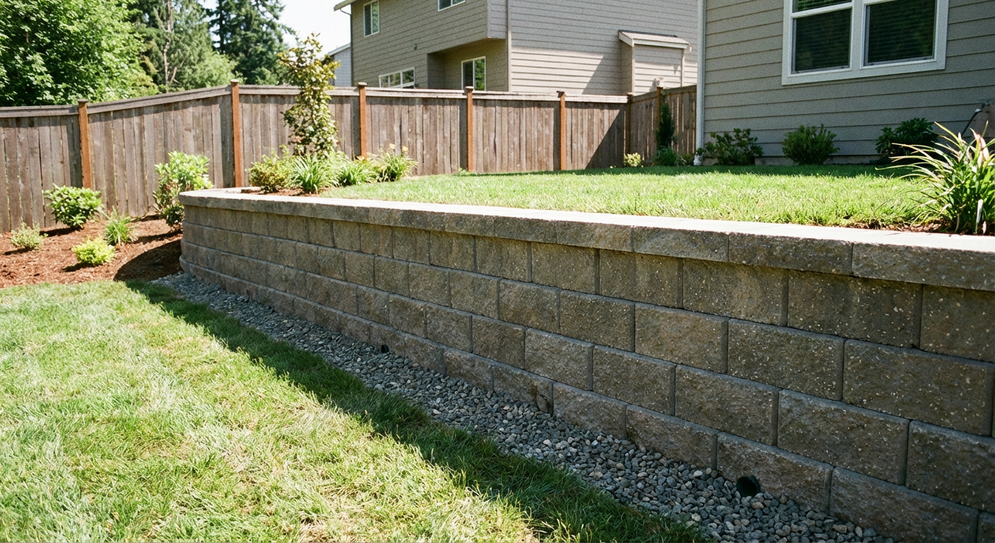 New segmental block retaining wall with clean courses, capstones, and gravel drainage in NJ backyard