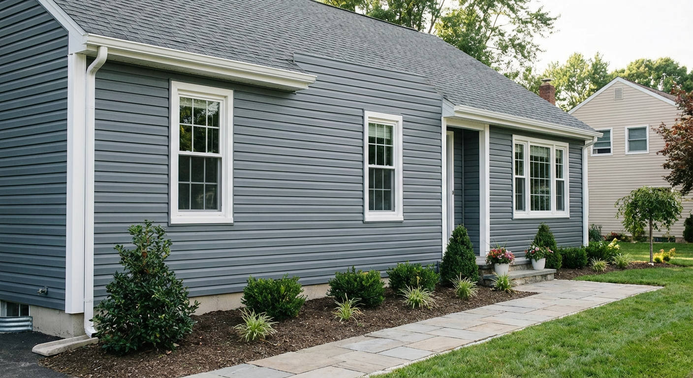 New slate grey vinyl siding with white window trim and corner boards installed on NJ home