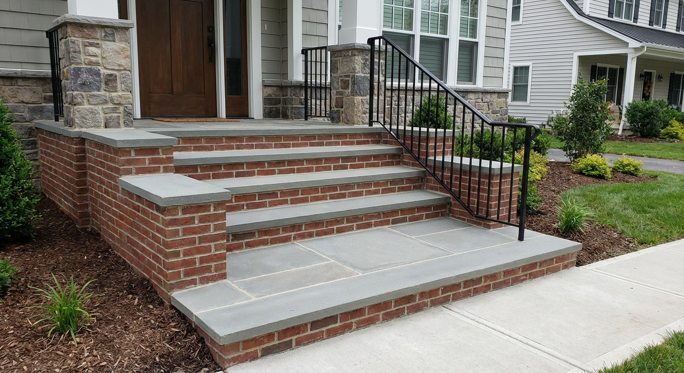 New bluestone faced front steps with clean masonry treads, solid landing, and new handrail on NJ home