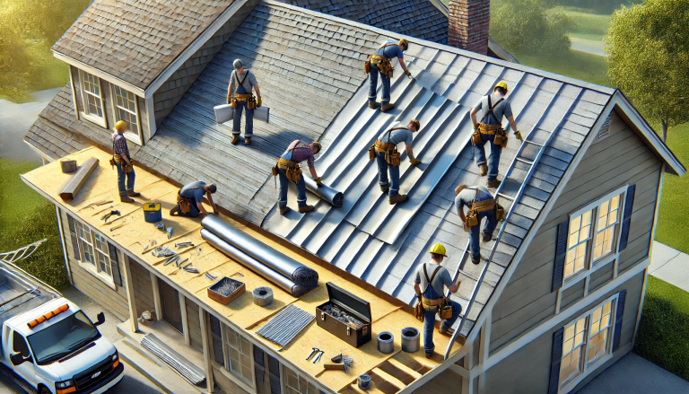 A metal roof being installed over shingles on a house in New Jersey